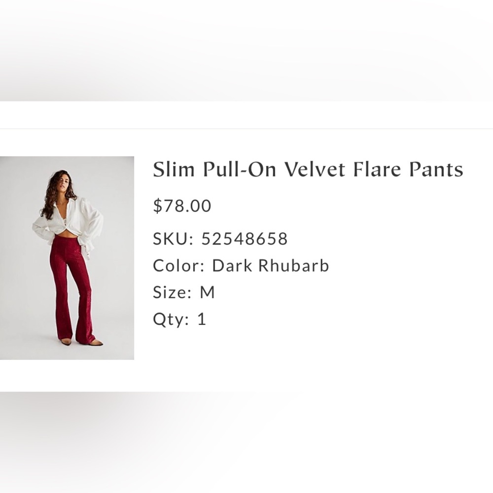 Free People Slim Velvet Pull On Flares size Medium